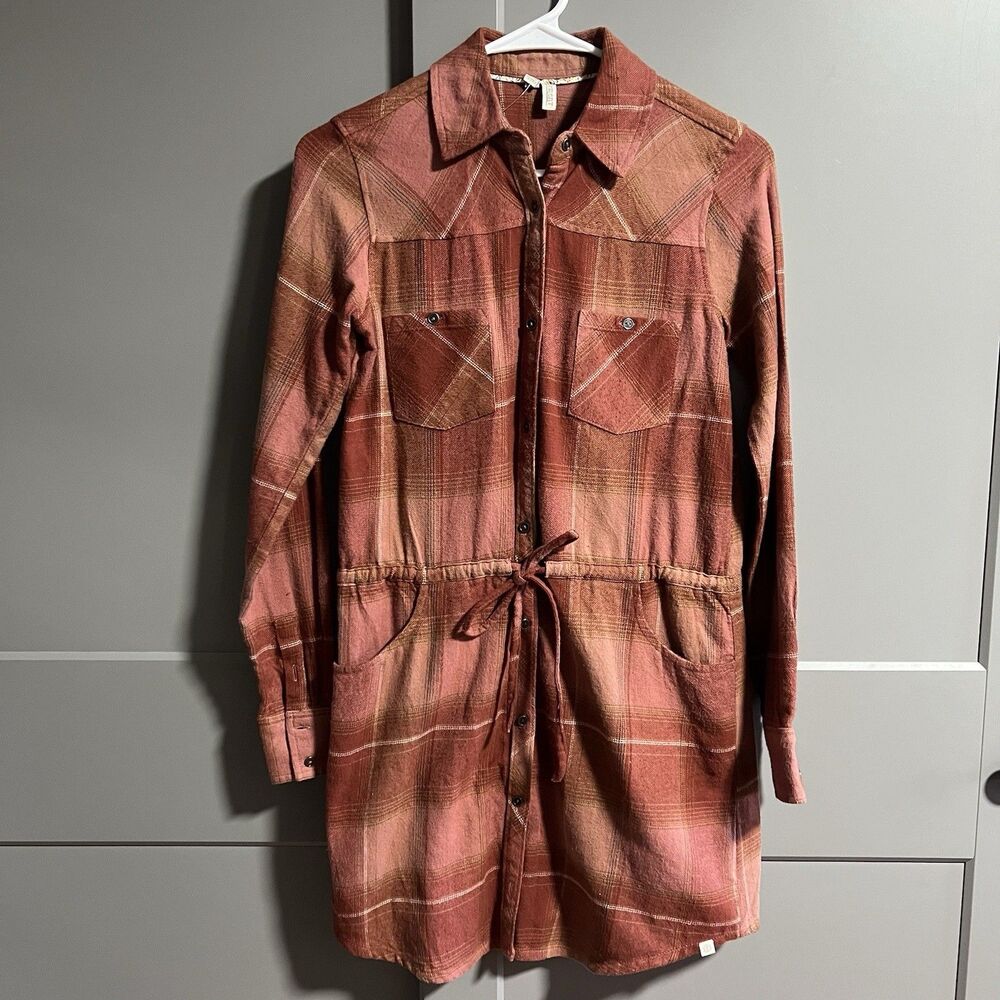 Element Eden Women L/S Button Plaid Flannel Mini Dress Tie Waist XS Fall Western